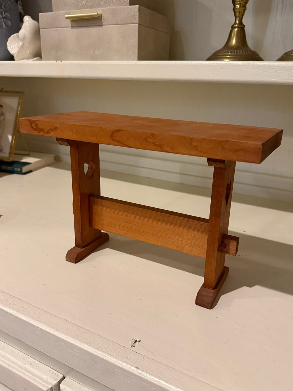 Vintage Wooden Miniature Trestle Bench Heart Tabletop Display Riser Plant Stand